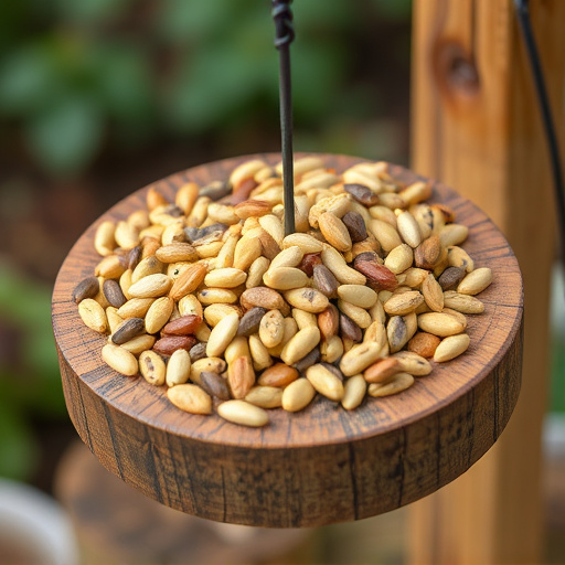 Variety of seeds in wooden feeder