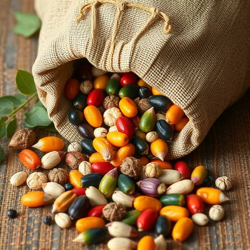 Variety of seeds spilling from bag
