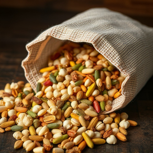 Variety of seeds spilling from bag