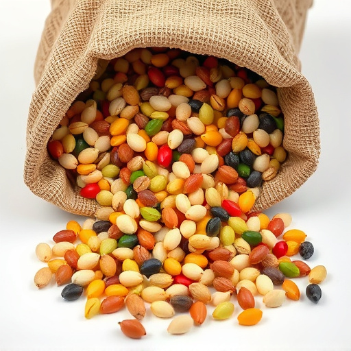 Variety of seeds spilling from bag