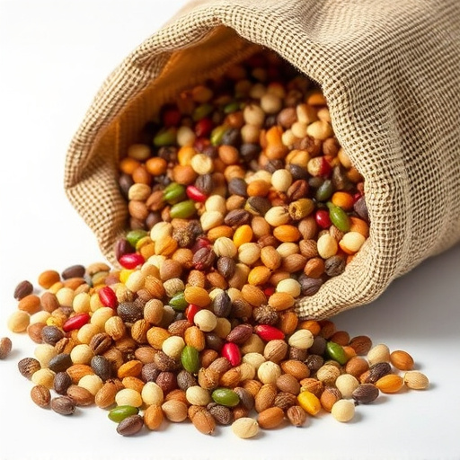 Variety of seeds spilling from bag