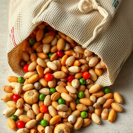 Variety of seeds spilling from bag