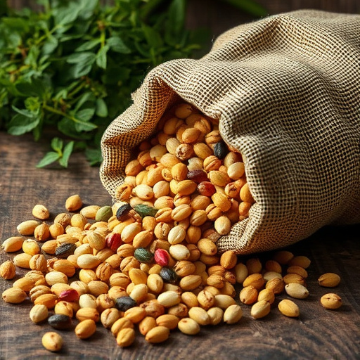 Variety of seeds spilling from bag