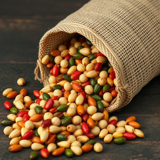 Variety of seeds spilling from bag