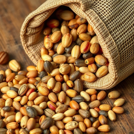Variety of seeds spilling from bag