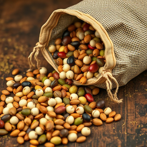Variety of seeds spilling from bag
