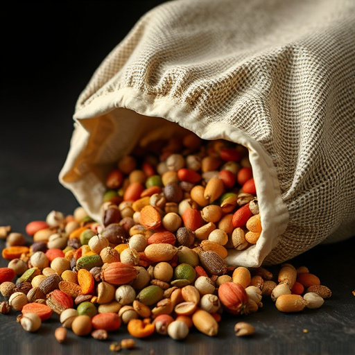 Variety of seeds spilling from bag