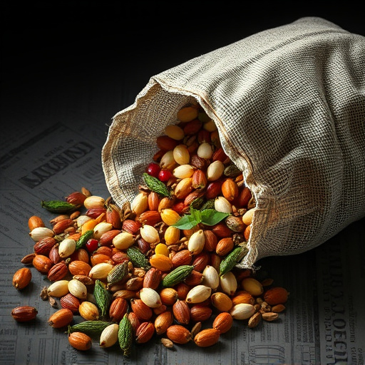 Variety of seeds spilling from bag