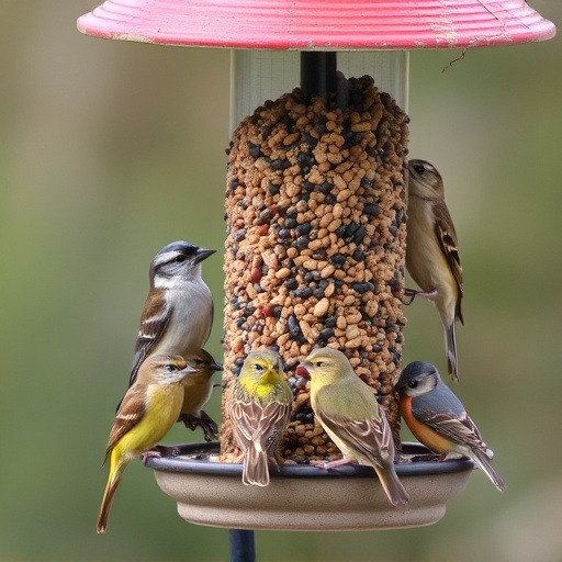 Variety of small birds at feeder