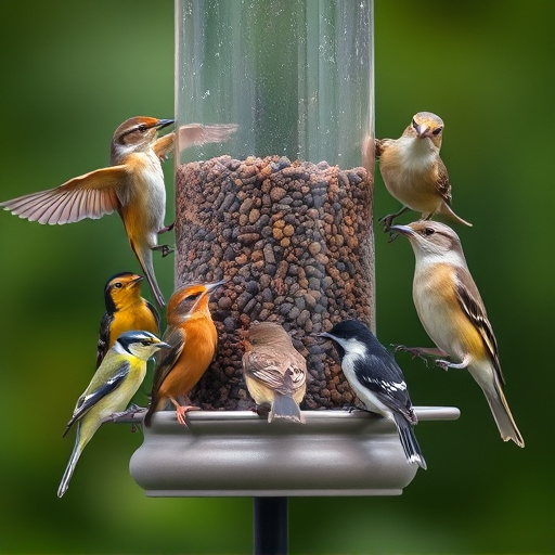 Variety of small birds at feeder