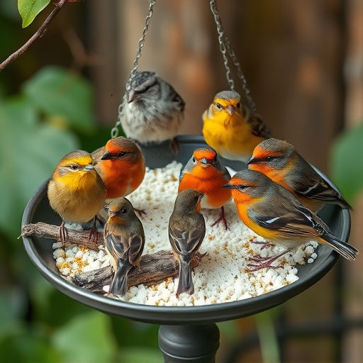 Variety of small birds on suet tray