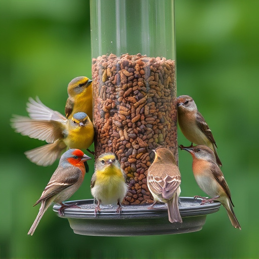 Variety of small birds sharing feeder