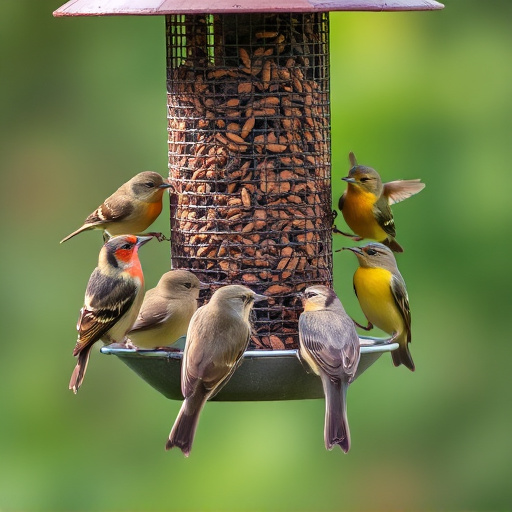 Variety of small birds sharing feeder