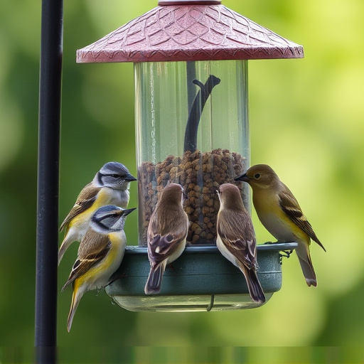Variety of small birds sharing feeder