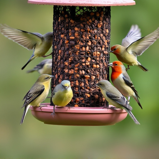 Variety of small birds sharing feeder