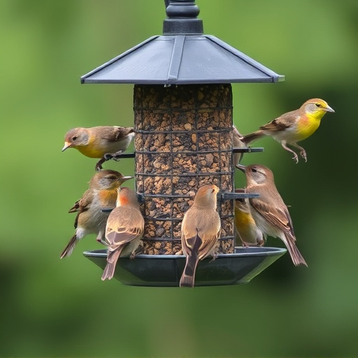 Variety of small birds sharing feeder