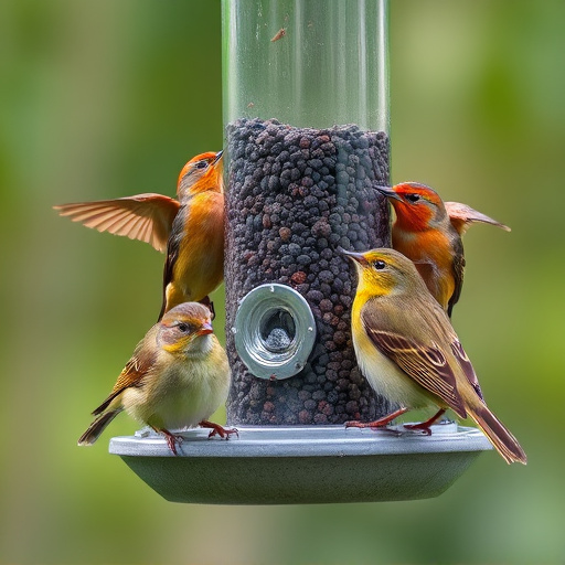 Variety of small birds sharing feeder