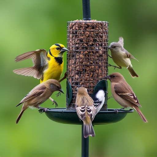 Variety of small birds sharing feeder