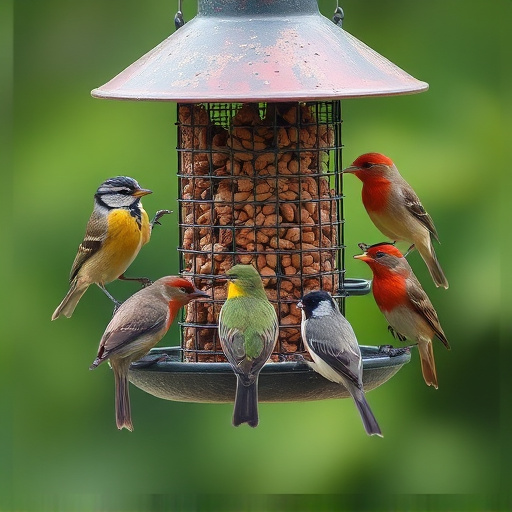 Variety of small birds sharing feeder