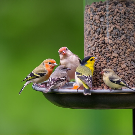 Variety of small birds sharing feeder