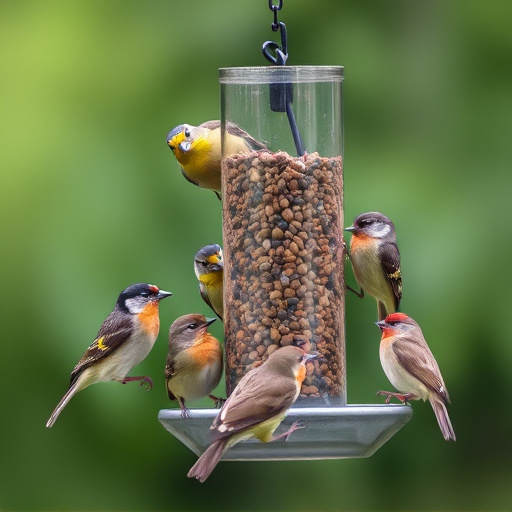 Variety of small birds sharing feeder