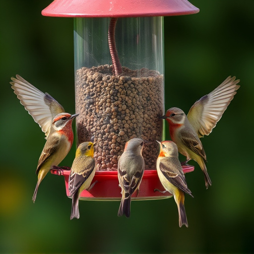 Variety of small birds sharing feeder