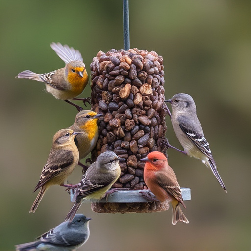 Variety of small birds sharing feeder