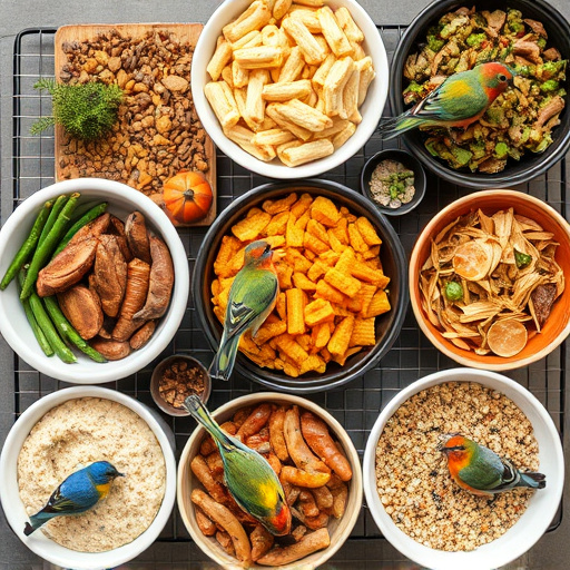 Variety of wild bird food in dishes
