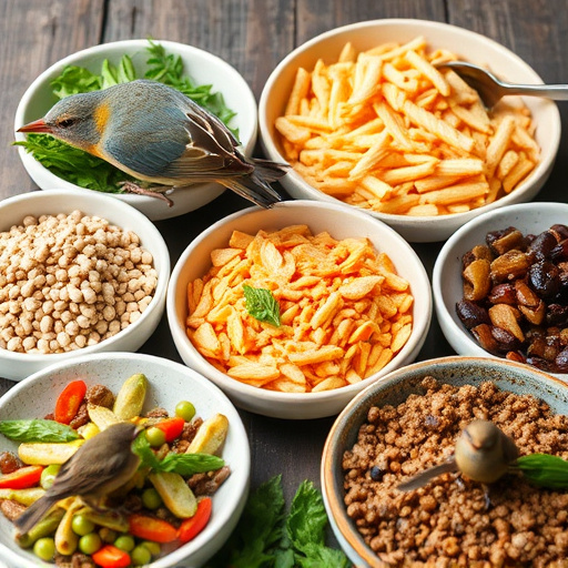 Variety of wild bird food in dishes