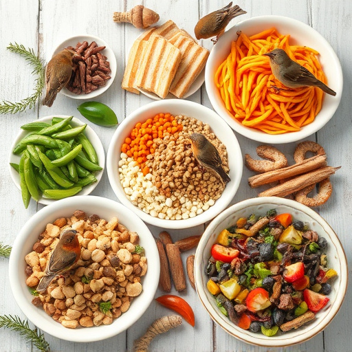 Variety of wild bird food in dishes