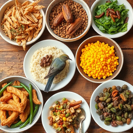 Variety of wild bird food in dishes