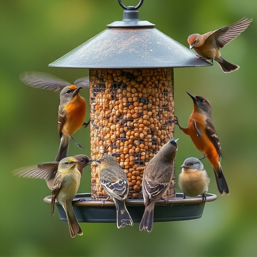Variety of wild birds around seed feeder