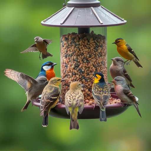 Variety of wild birds around seed feeder