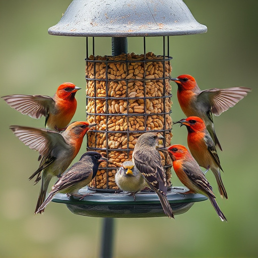 Variety of wild birds around seed feeder