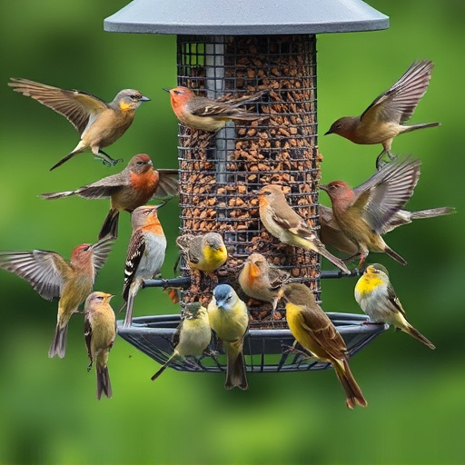 Variety of wild birds around seed feeder