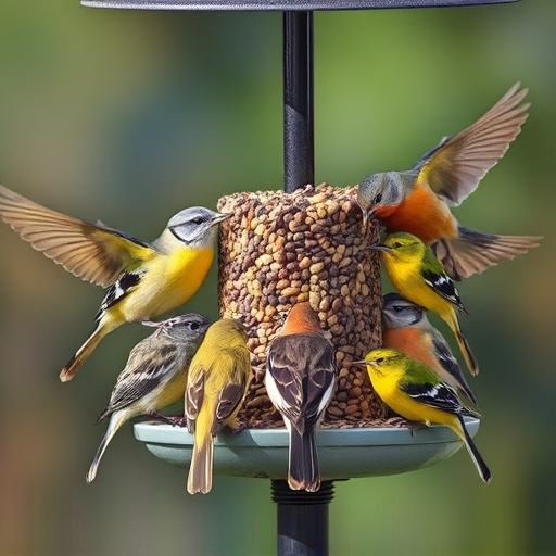 Variety of wild birds around seed feeder