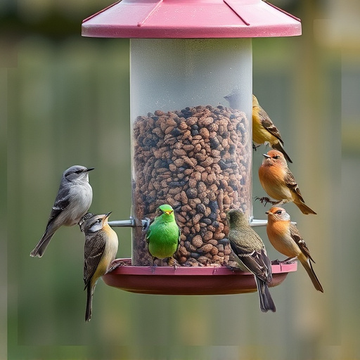 Variety of wild birds around seed feeder