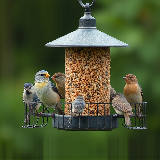 Variety of wild birds around seed feeder