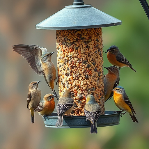 Variety of wild birds around seed feeder