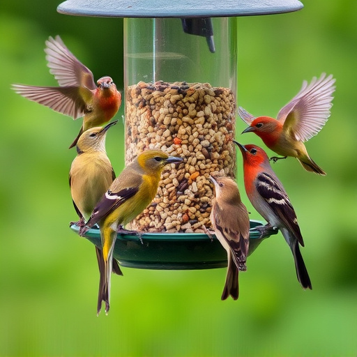 Variety of wild birds around seed feeder