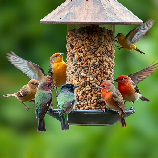 Variety of wild birds around seed feeder
