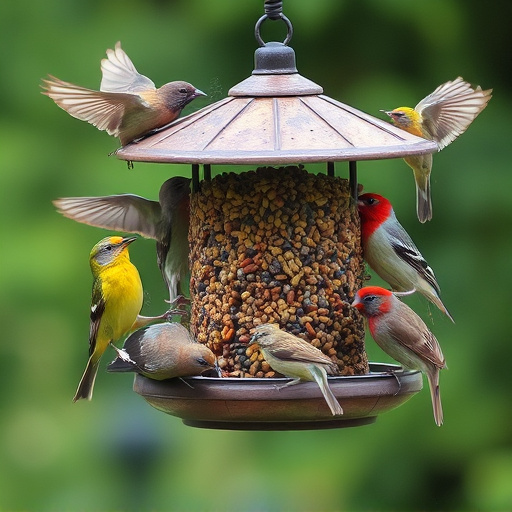 Variety of wild birds around seed feeder