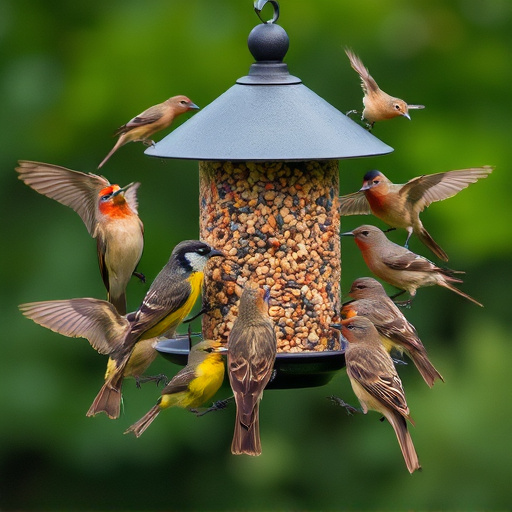 Variety of wild birds around seed feeder