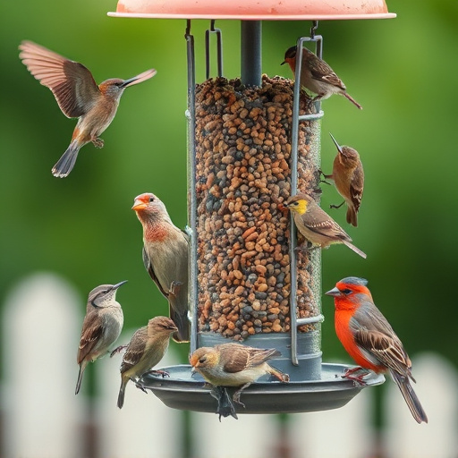 Variety of wild birds around seed feeder