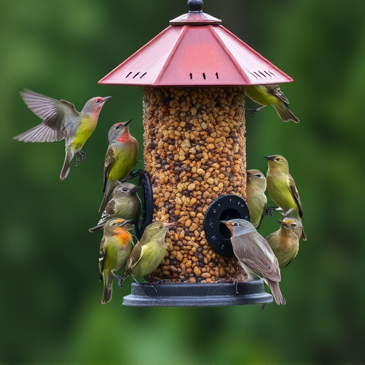 Variety of wild birds around seed feeder