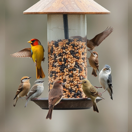 Variety of wild birds around seed feeder