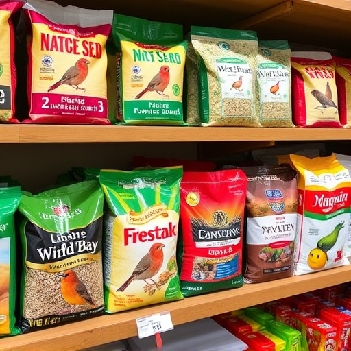 Various bird seed packs on shelf