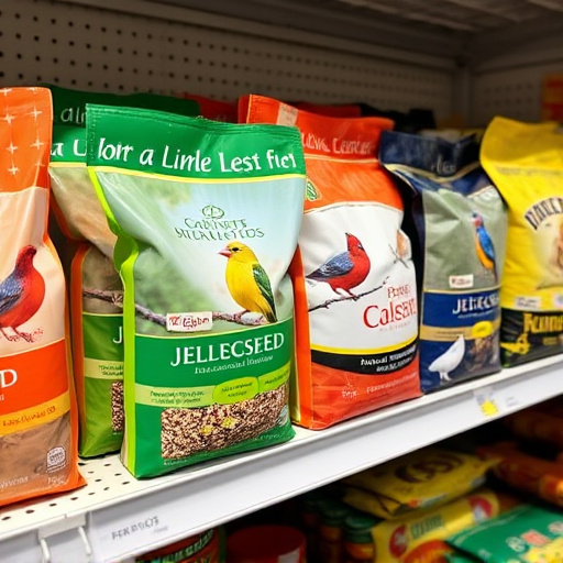 Various bird seed packs on shelf