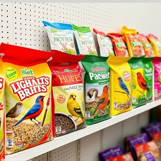 Various bird seed packs on shelf