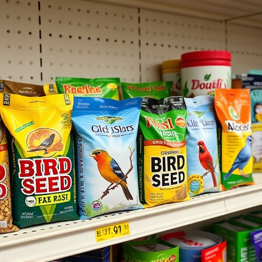 Various bird seed packs on shelf